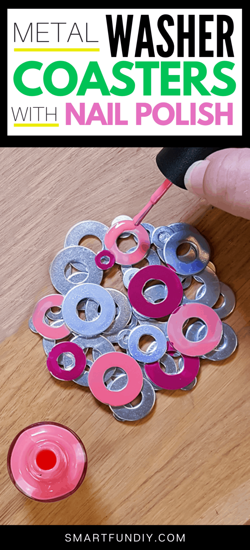 Tall graphic with text on top metal washer coasters with nail polish and image of hand painting metal washer coasters with nail polish