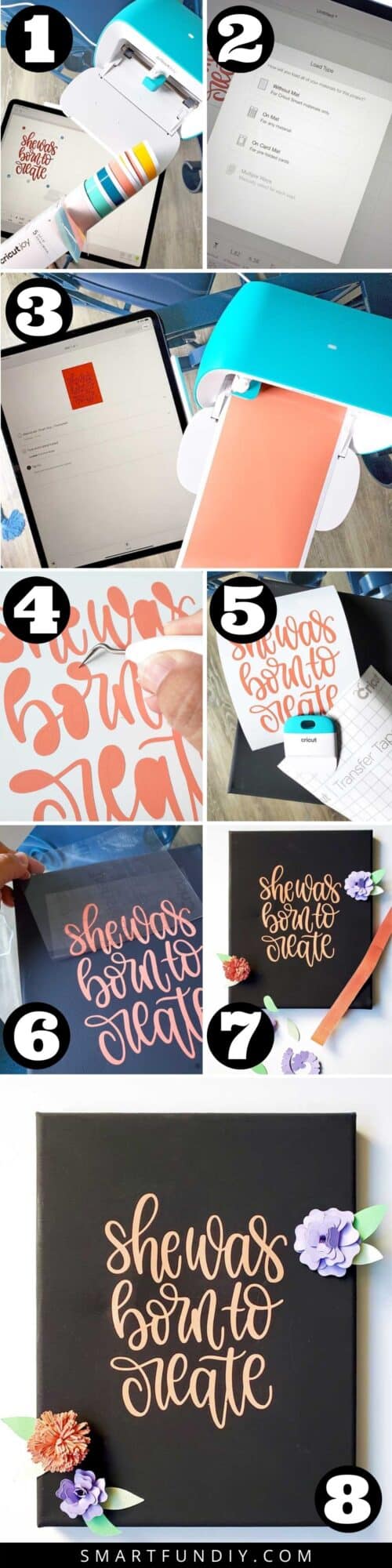 Step by step photos of how to cut vinyl and make canvas quite art with Cricut Joy machine