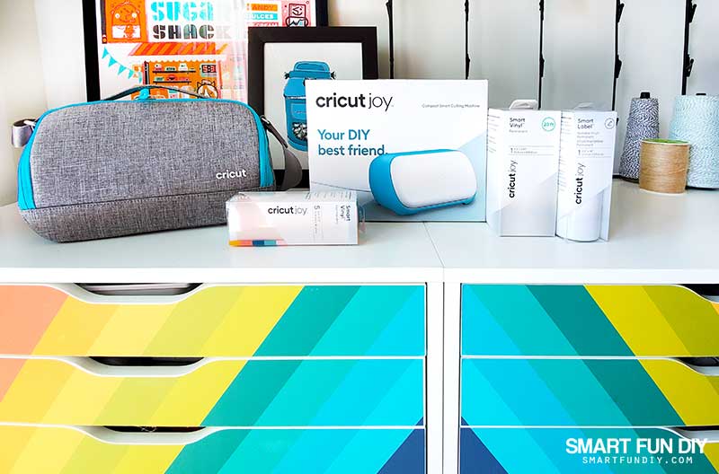 Cricut Joy and accessories on IKEA Alex drawer units with Cricut Joy bag