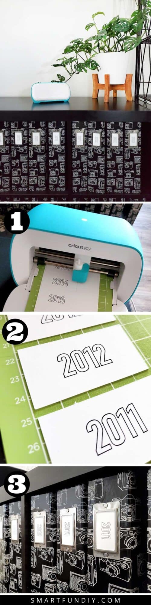 4 step by step photos showing how to make paper labels for scrapbooks using Cricut Joy machine