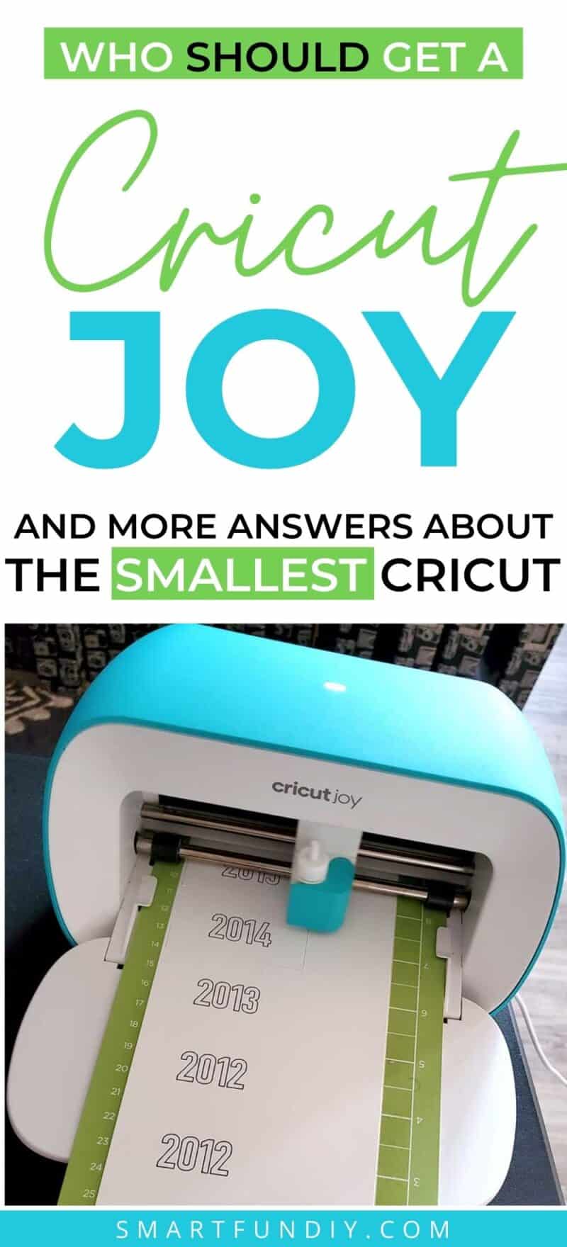 Graphic of Cricut Joy machine cutting labels with words Who Should get a Cricut Joy and more answers about the smallest Cricut