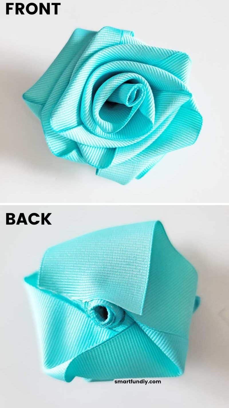 front and back of handmade ribbon roses in turquoise ribbon