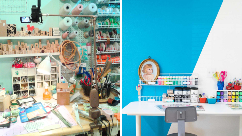 Before and after photos showing a cluttered craft table and clean today craft space.